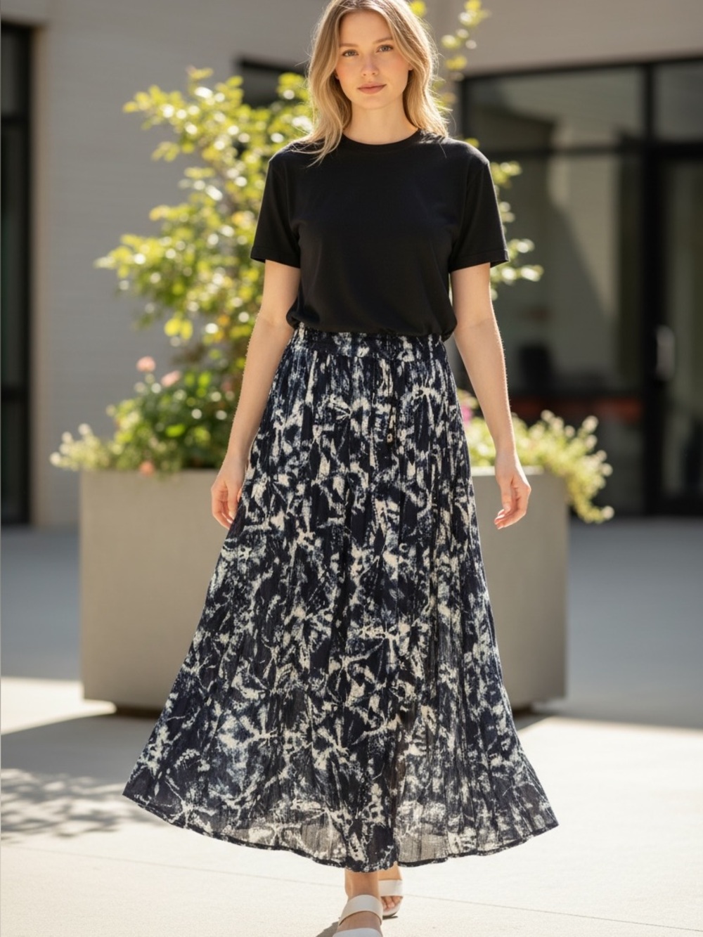 Band of Gypsies Navy and White Tie-Dye Maxi Skirt